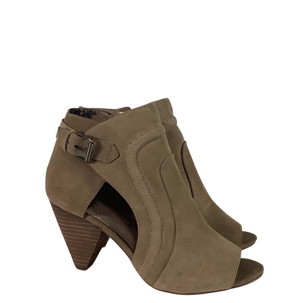 Vince Camuto Taupe Suede Peep Toe Ankle Boots Cutout Buckle Heel Booties